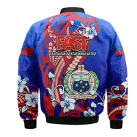 Blue bomber jacket back with FAST logo, red tribal Hibiscus artwork and black ribbed cuffs