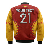 Maroon and yellow baseball bomber jacket back with YOUR TEXT, number 21, small flag patch