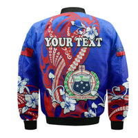 Blue bomber jacket back with YOUR TEXT, red tribal pattern, hibiscus flowers and black cuffs