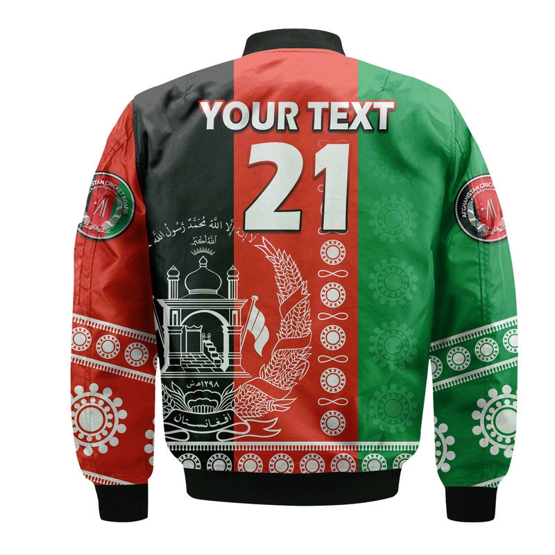 Multicolor bomber jacket back with custom text, large 21, ribbed hem and cuffs