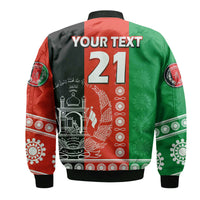 Multicolor bomber jacket back with custom text, large 21, ribbed hem and cuffs