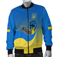 Blue bomber jacket with Ukraine flag graphic, bold fist emblem and sleeve patch