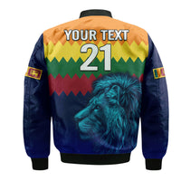 Unisex cricket bomber jacket back with navy sleeves, YOUR TEXT 21 and lion graphic