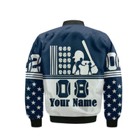 Back view of blue bomber jacket with "08" and "Your Name" print, baseball silhouettes
