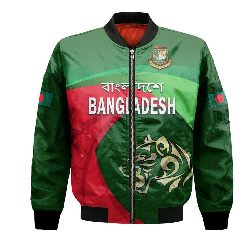 Green and red Bangladesh cricket team bomber jacket with tiger emblem, full zip.