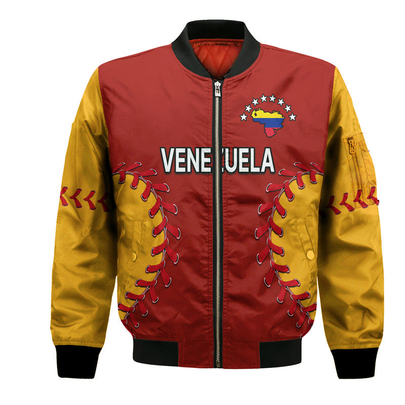 Maroon and yellow baseball bomber jacket with black rib trim, Venezuela front graphic
