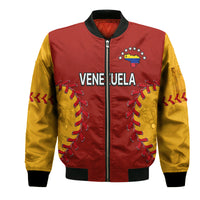 Maroon and yellow baseball bomber jacket with black rib trim, Venezuela front graphic