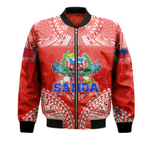 Red bomber jacket with zip, black ribbed collar, and white Polynesian tribal graphics