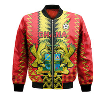 Red bomber jacket with black ribbed collar, zipper front, and Ghana emblem graphics