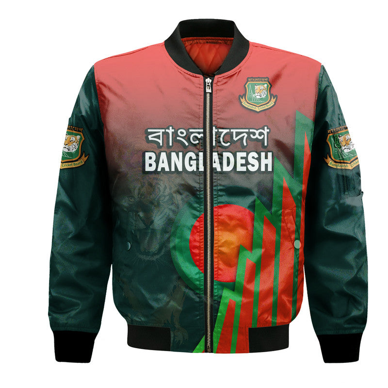 Bangladesh bomber jacket with front zip, tiger crest, green/red flag graphic