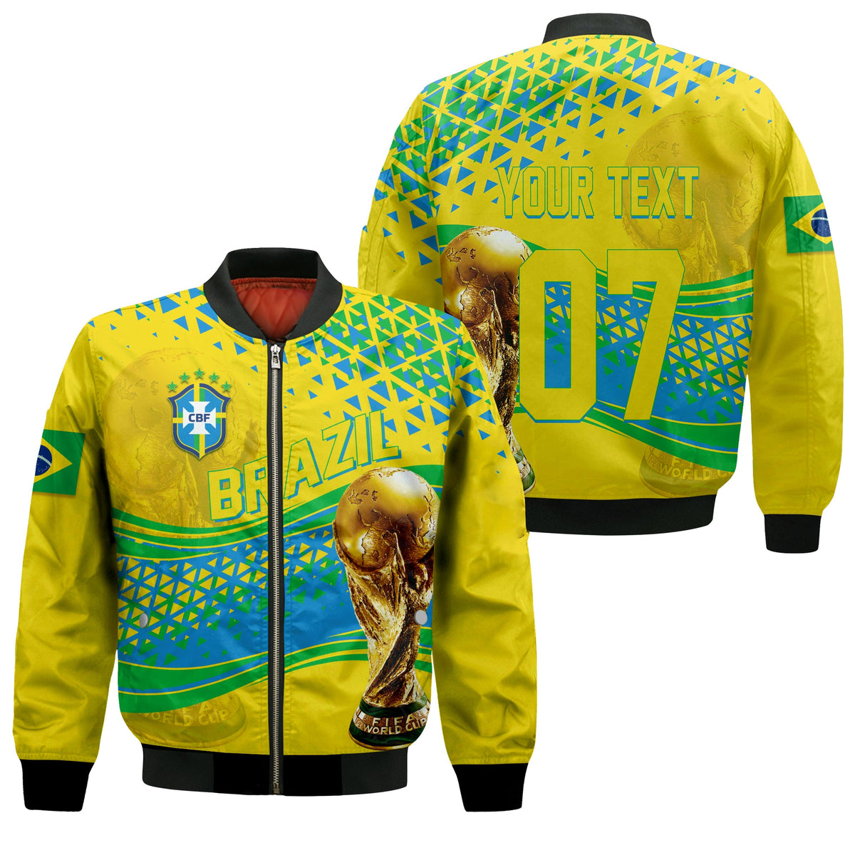 Yellow bomber jacket with Brazil graphic, front zip, ribbed collar and cuffs, back print