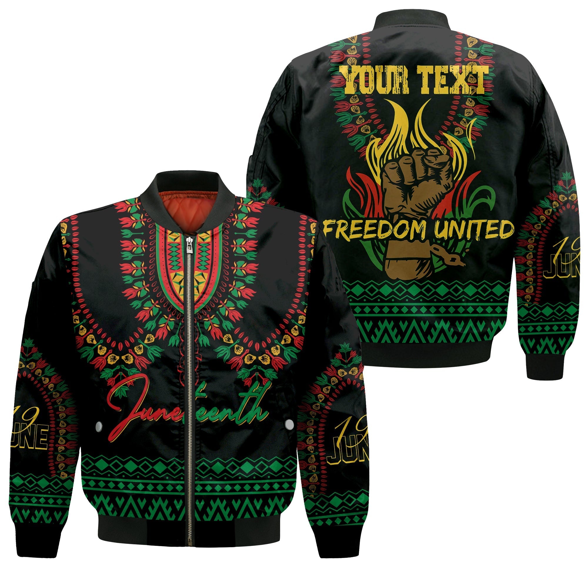 juneteenth-dashiki-personalised-bomber-jacket-freedom-united-pan-african-flag