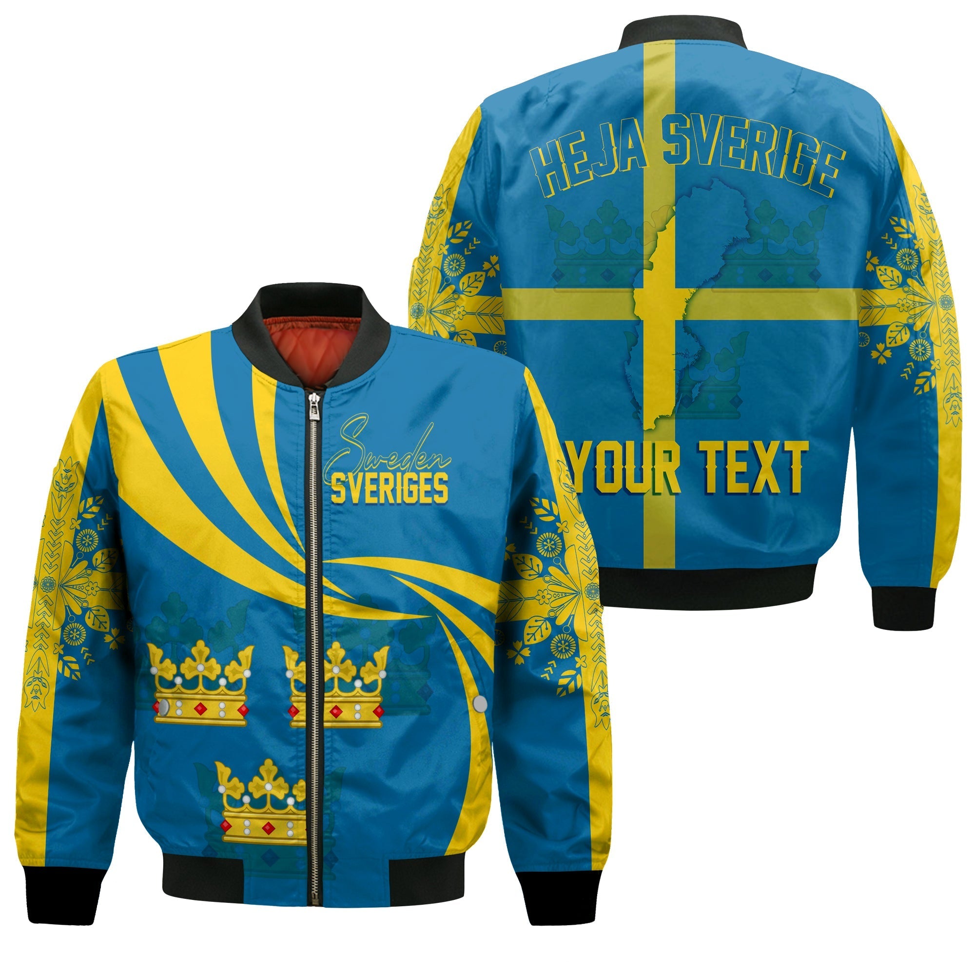 Sweden Three Crowns Personalised Bomber Jacket Heja Sverige LT7 - Wonder Print Shop