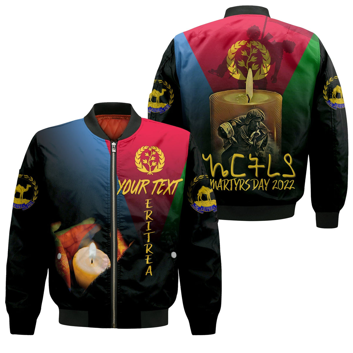 Black bomber jacket with zip front and colorful martyrs graphic on front/back