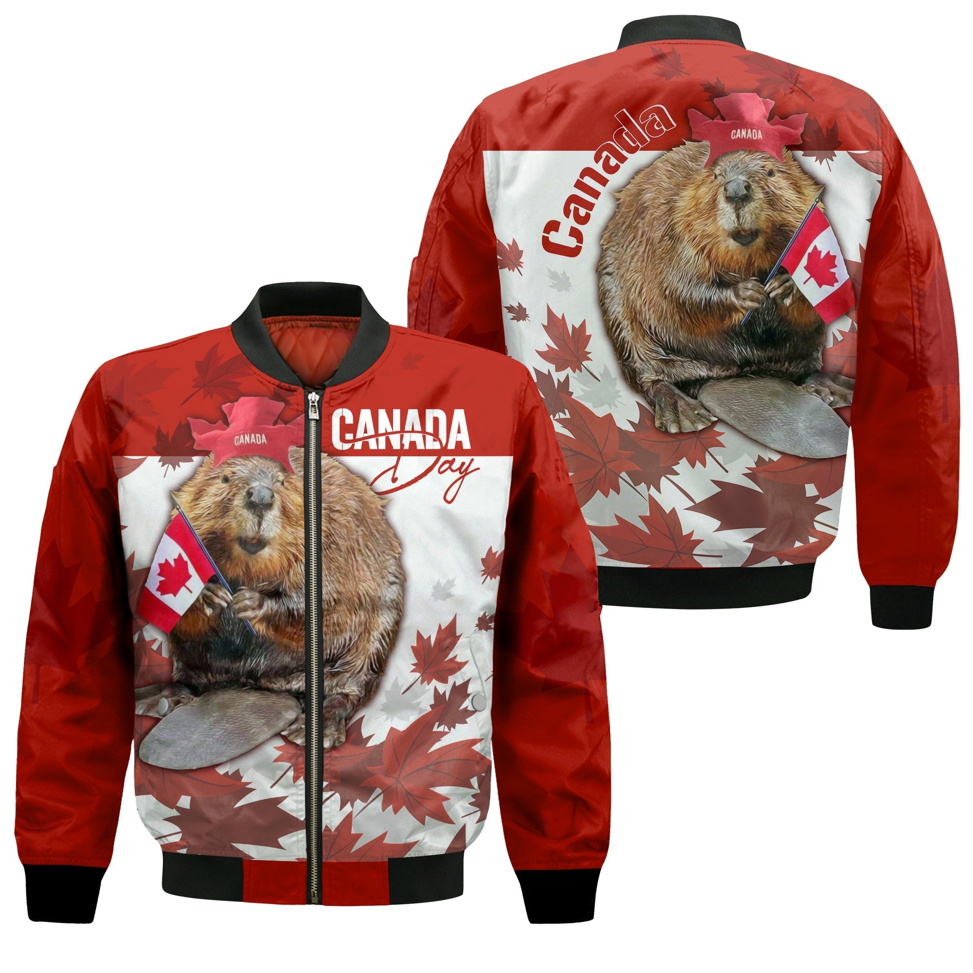 Canada Day Bomber Jacket Patriot Beaver Mix Maple Leaf LT7 - Wonder Print Shop