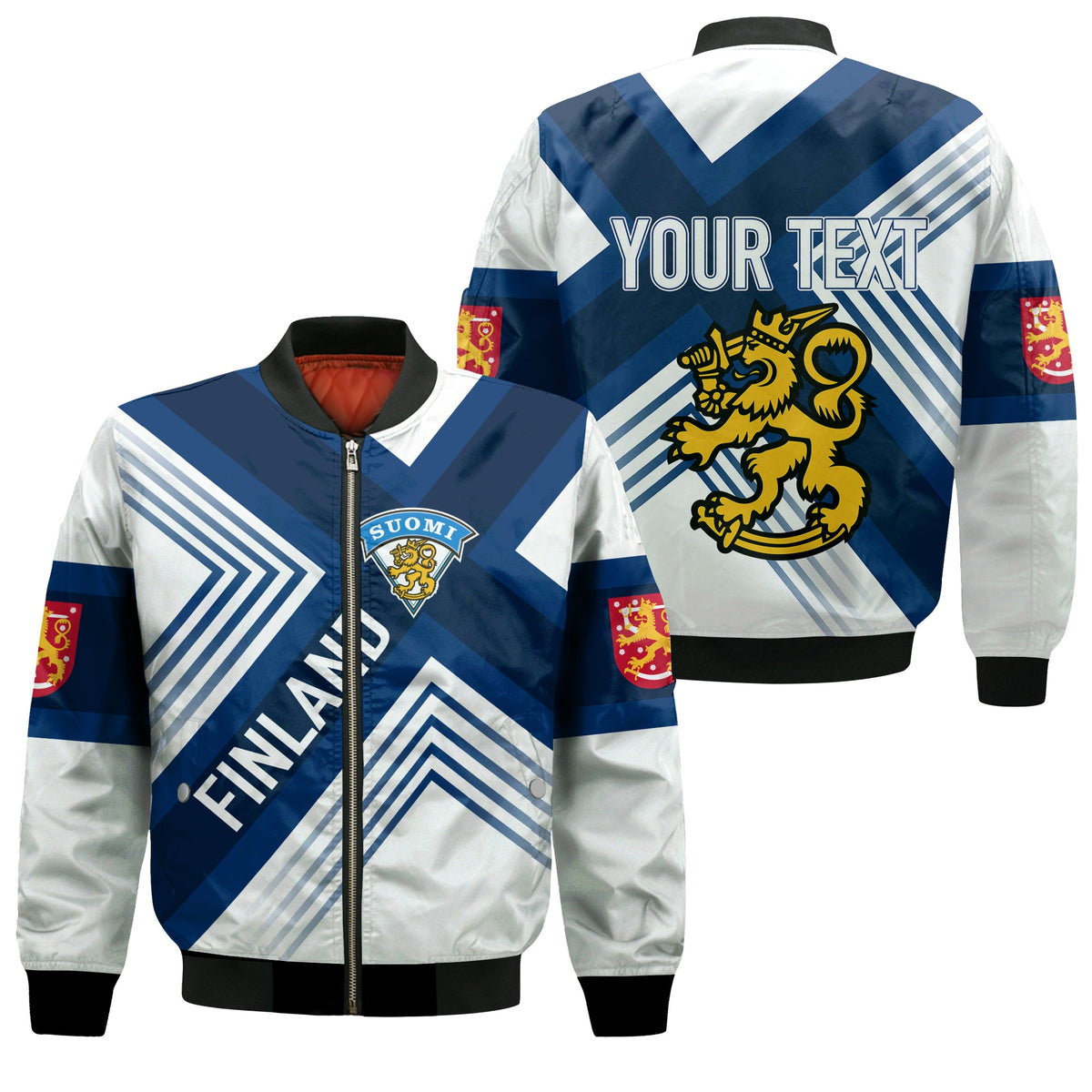 White and blue bomber jacket with front zip, Finland crest, striped pattern and sleeve patches
