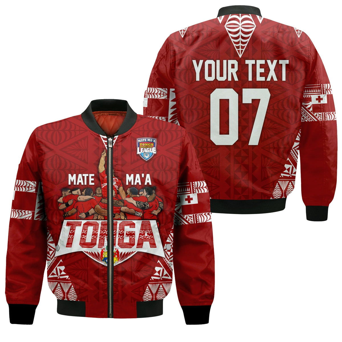 Red rugby bomber jacket with full-zip front and tribal graphic, black collar and cuffs