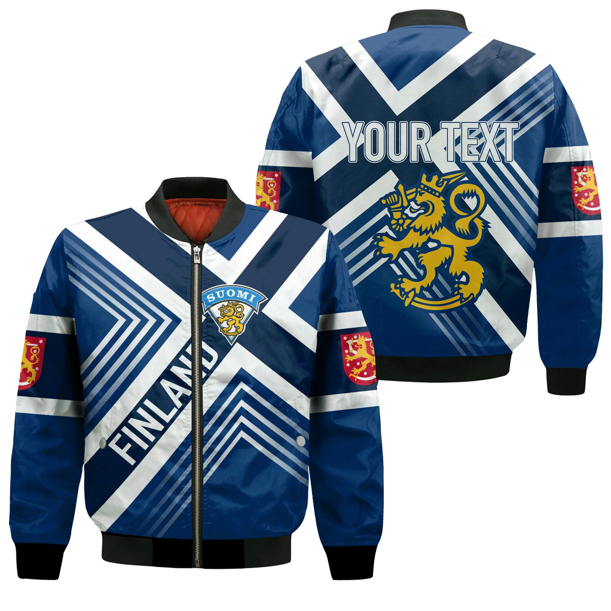 Blue bomber jacket with white striped panels, zip front, and printed lion crest; YOUR TEXT on back