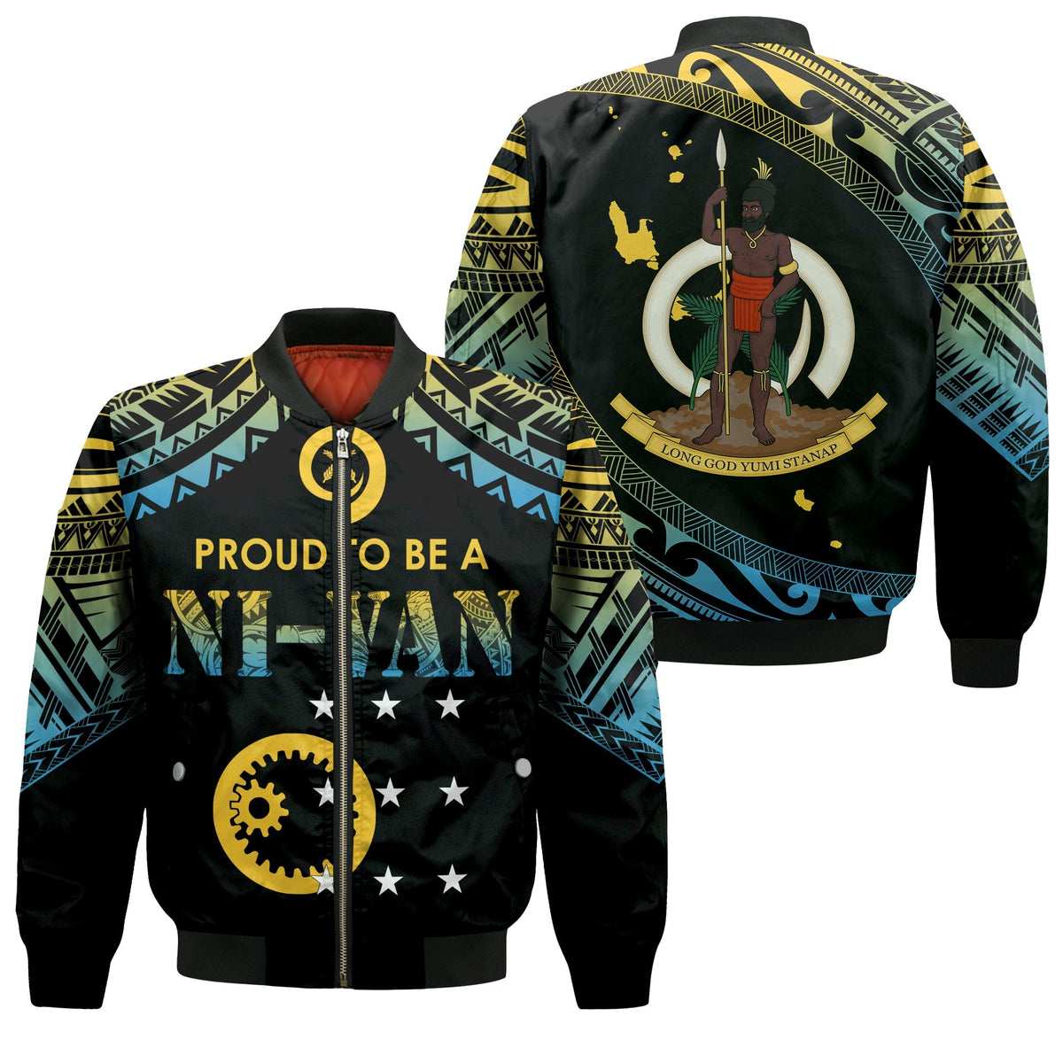 Black unisex bomber jacket with Polynesian pattern, gold text “PROUD TO BE A” front view