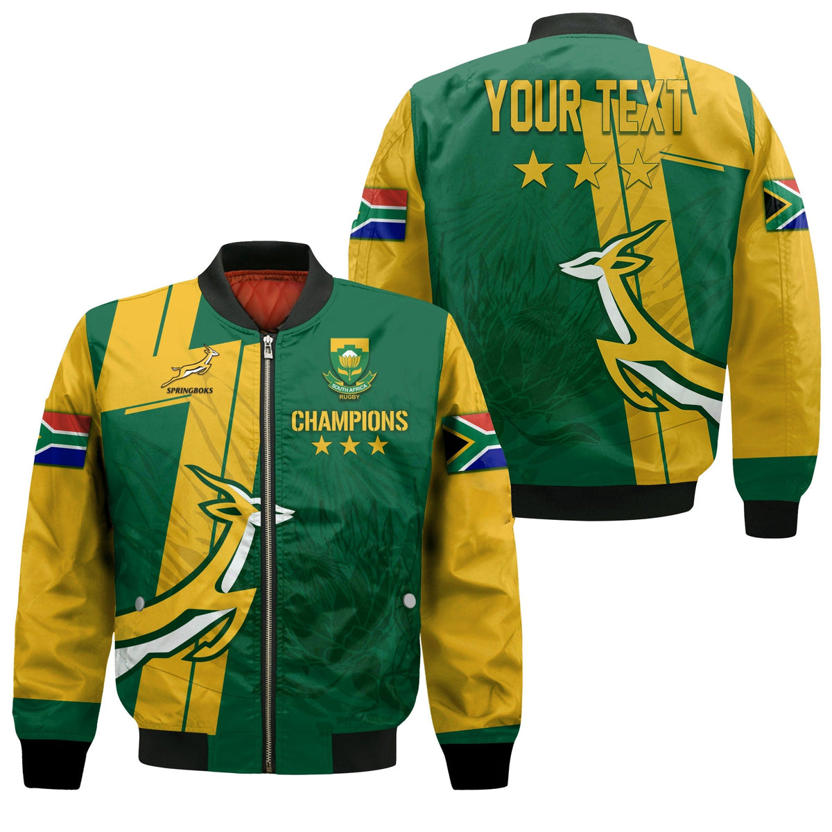 Green and yellow bomber jacket with zip, rugby crest, and custom text on back