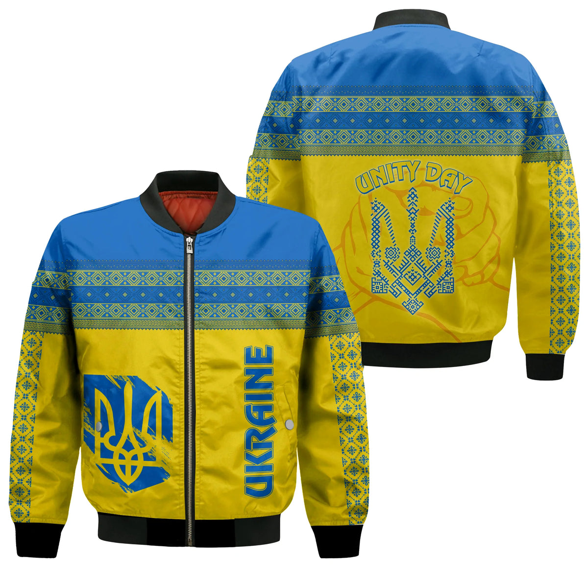Unisex bomber jacket with yellow body, blue yoke, folk banding, ribbed cuffs, front zipper.