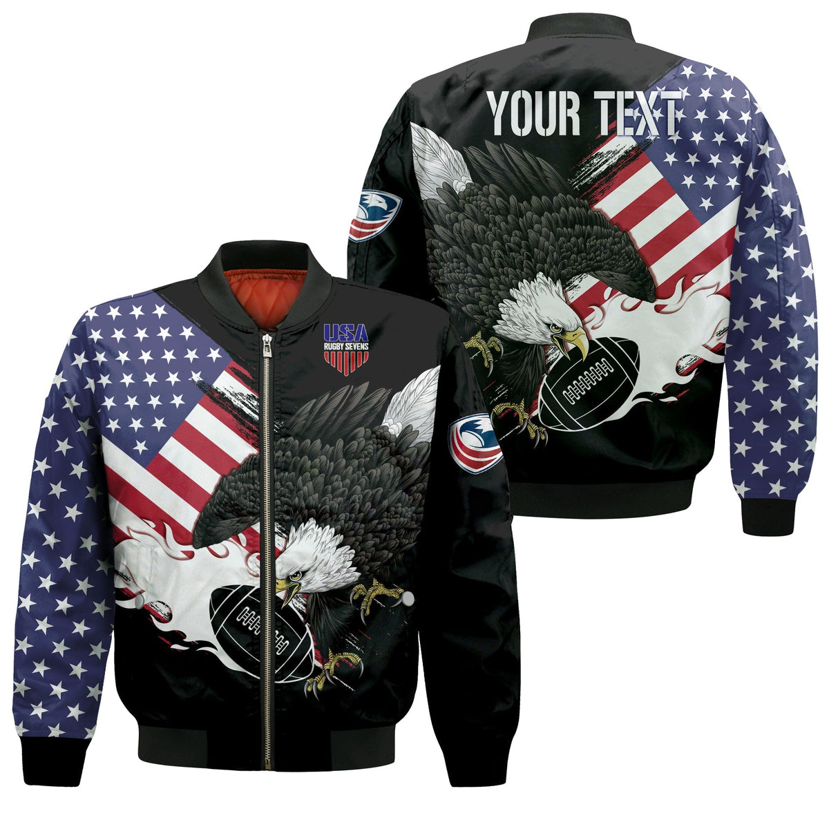 Black unisex bomber jacket with USA flag eagle rugby graphics, front zip, ribbed cuffs