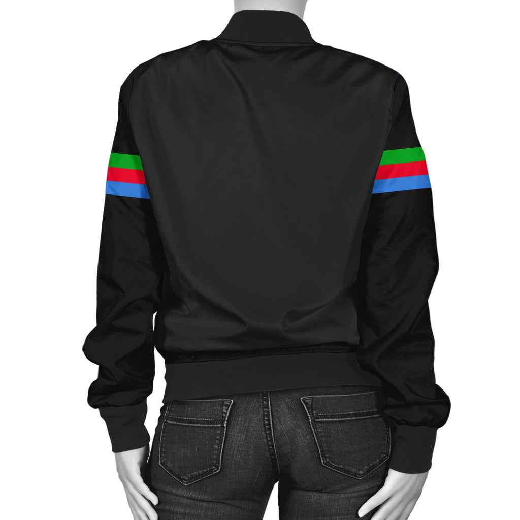 Black bomber jacket back view with colorful stripe bands on both sleeves