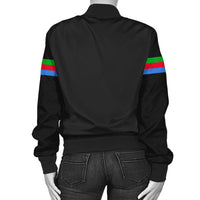Black bomber jacket back view with colorful stripe bands on both sleeves