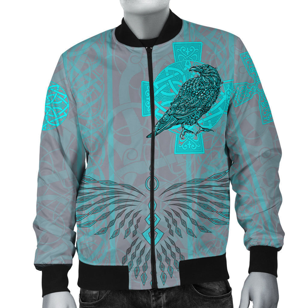 Viking Bomber Jacket Odin's Celtic Raven Scandinavian Tattoo Style Cyan RLT12 - Wonder Print Shop