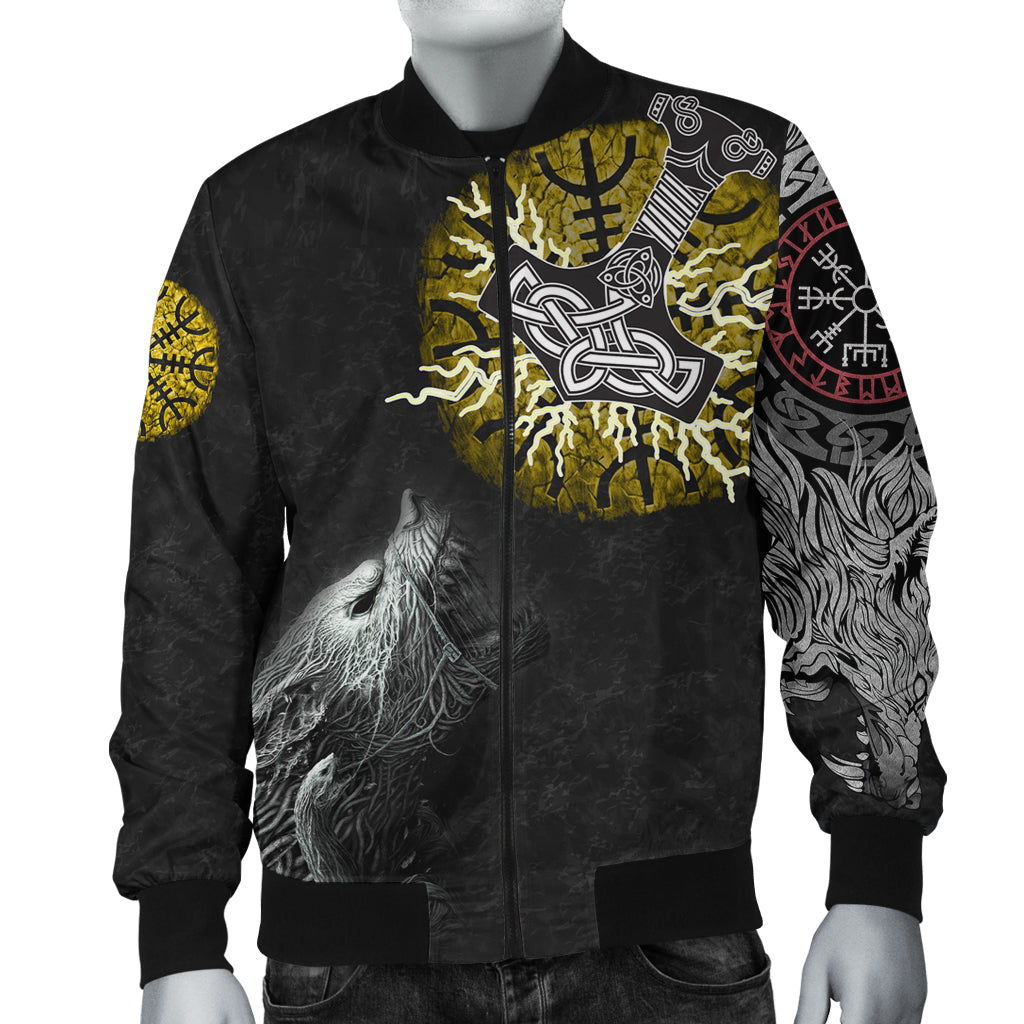 Viking Bomber Jacket Fenrir Fight Mjolnir Of Thor On Helm Of Awe RLT12 - Wonder Print Shop