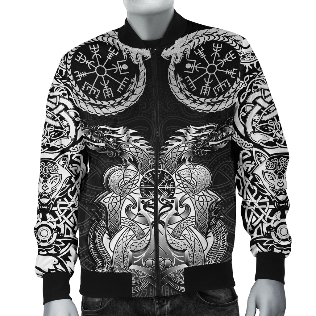 Black bomber jacket with white Viking dragon/rune print, zip front, ribbed cuffs
