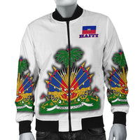 White unisex bomber jacket with Haiti flag and coat-of-arms graphic on chest and sleeves