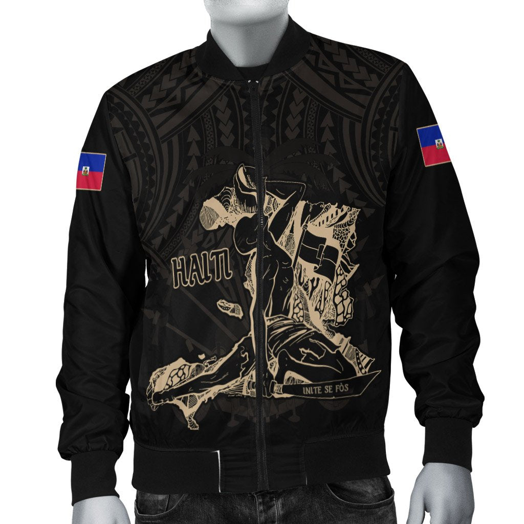 Black bomber jacket with Haitian graphic, multicolor sleeve flag patches, zip front
