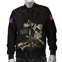 Black bomber jacket with Haitian graphic, multicolor sleeve flag patches, zip front