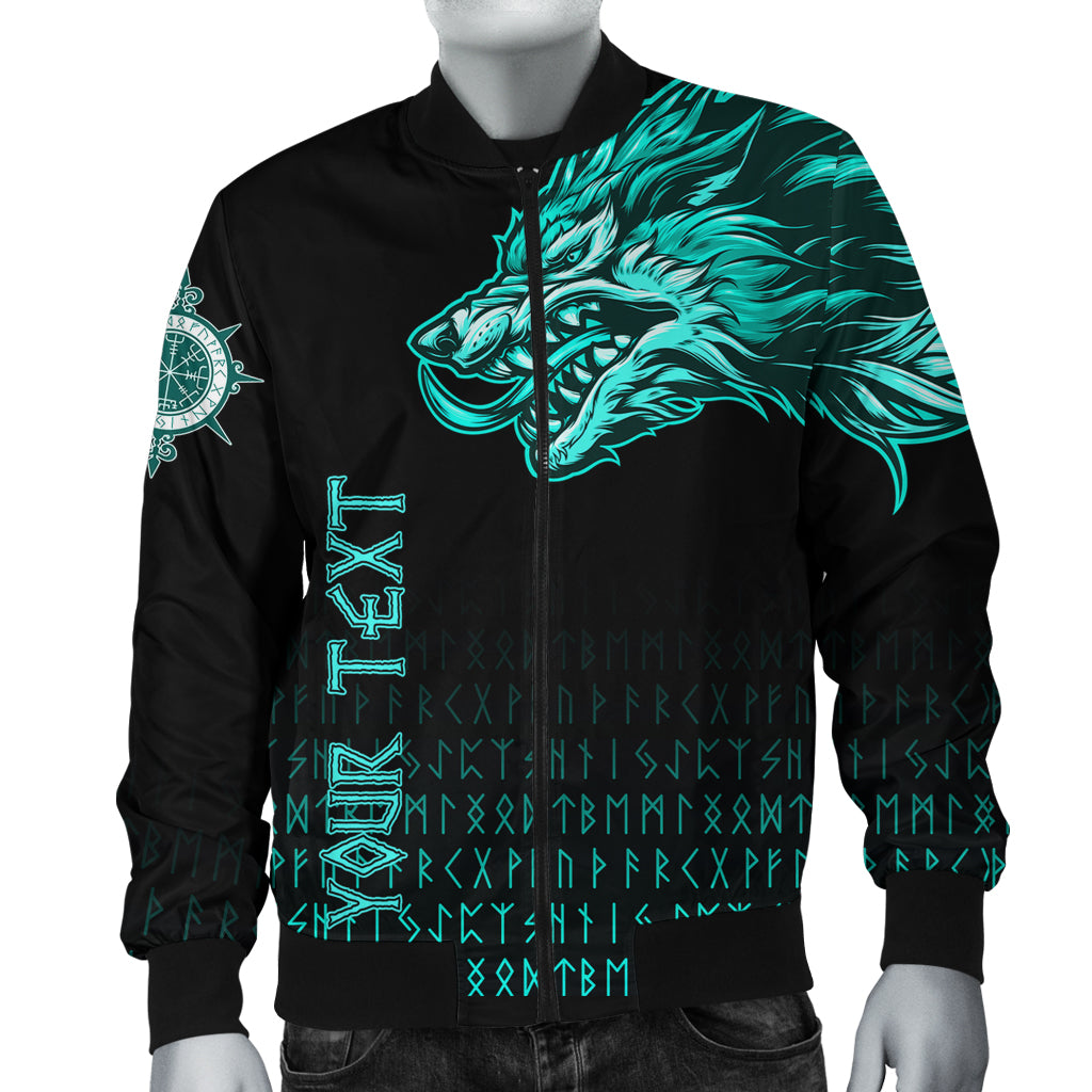 (Custom) Viking Bomber Jacket Fenrir Wolf Cyan Near Shoulder RLT12 - Wonder Print Shop