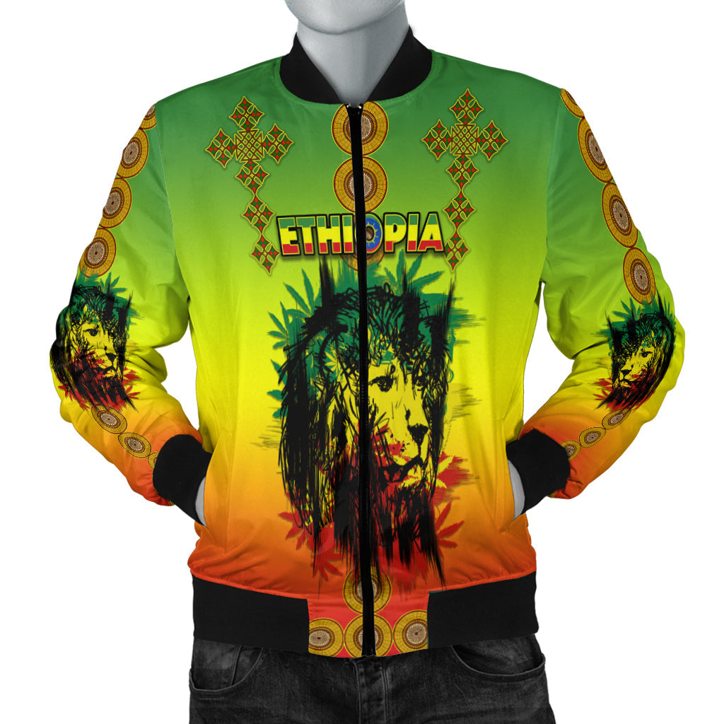 Bomber jacket, front view: central lion face print, multicolor gradient and ribbed cuffs