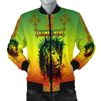 Bomber jacket, front view: central lion face print, multicolor gradient and ribbed cuffs