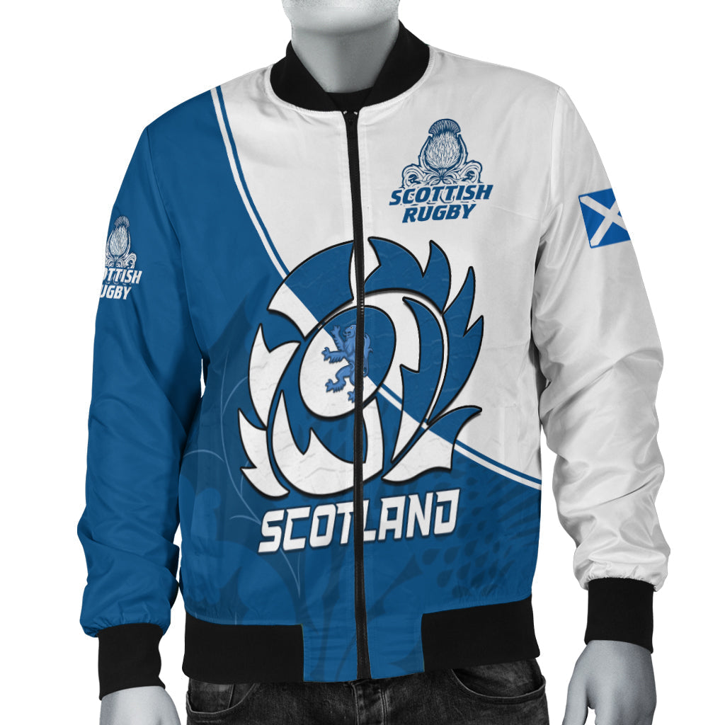 Bomberjacke Blau-Weiß mit Reißverschluss, Scottish-Rugby-Logo und Scotland-Schriftzug