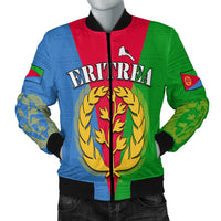 Eritrea bomber jacket, red zip front with 'ERITREA' text and gold laurel emblem