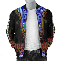 Black bomber jacket, all-over Atoghu graphic print on sleeves and ribbed trim