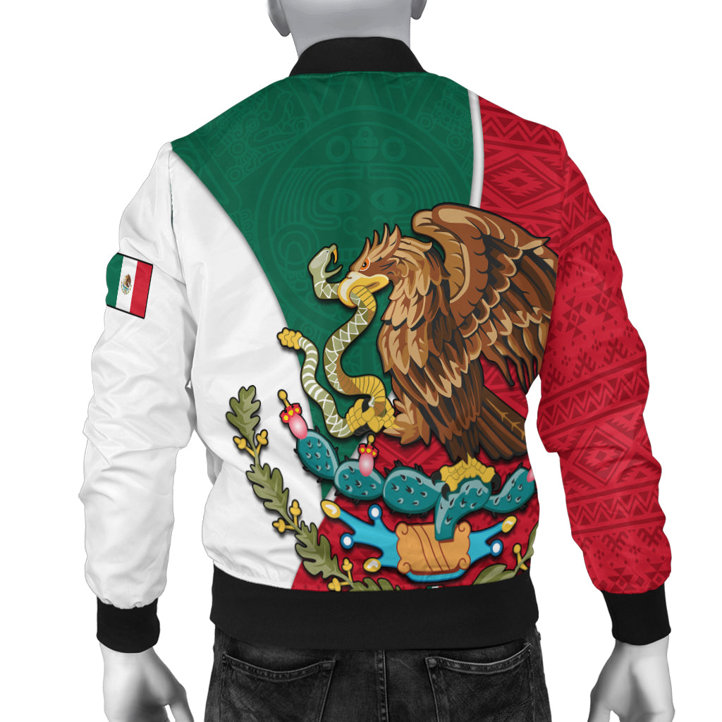 Back view bomber jacket with large eagle and cactus scene, Mexican flag sleeve patch