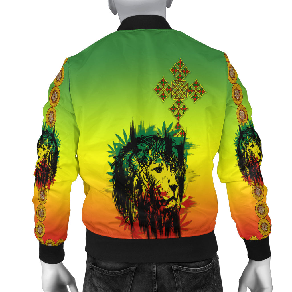 Bomber jacket back view: lion portrait graphic with diamond motifs on green-yellow-orange
