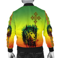 Bomber jacket back view: lion portrait graphic with diamond motifs on green-yellow-orange