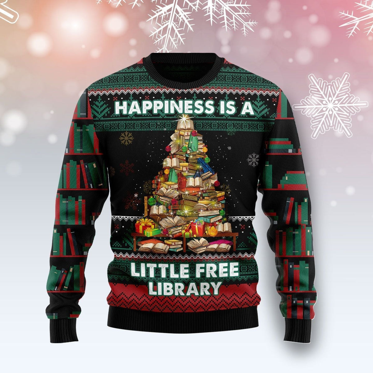 Ugly Christmas sweater, black with green fair isle, book tree graphic and slogan.