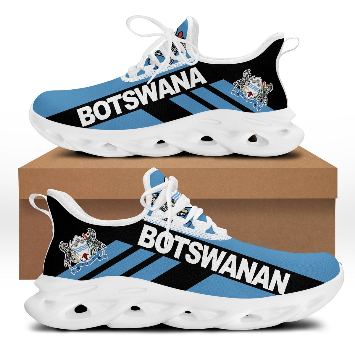 Blue and black clunky sneakers with Botswana text and stripe print; white sole