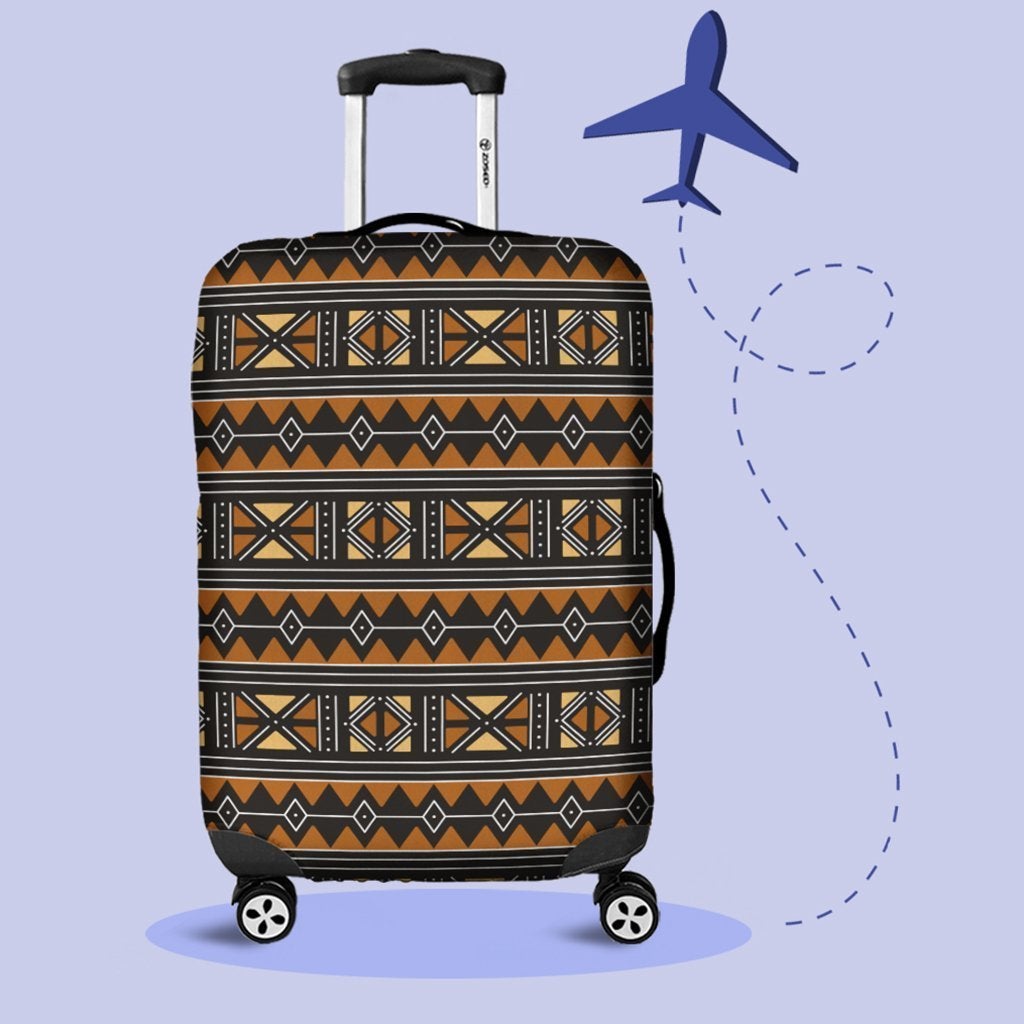 Bogolan-style suitcase cover with pull handle and wheels, travel-ready design
