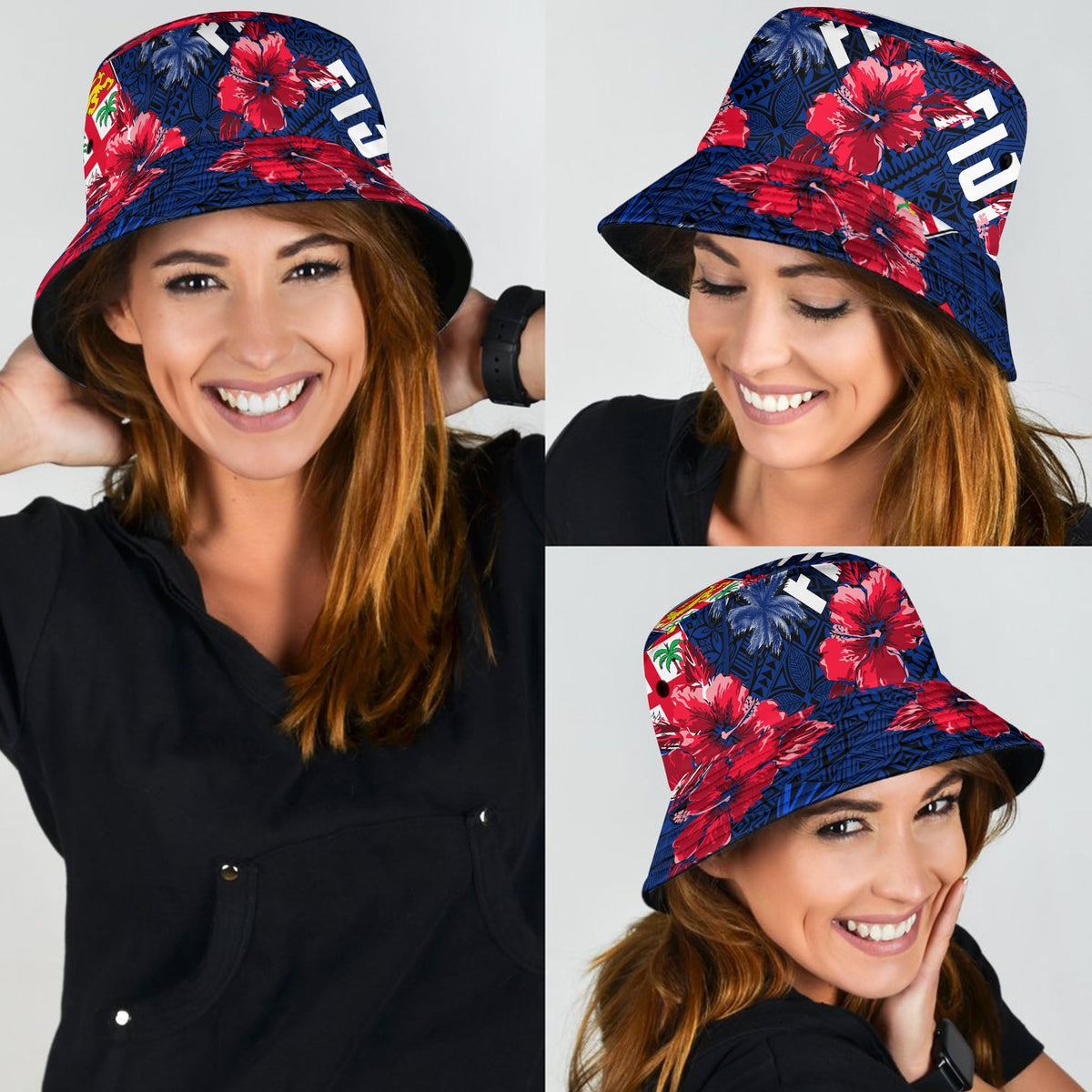 Blue bucket hat with red hibiscus and tropical leaf print, wide brim