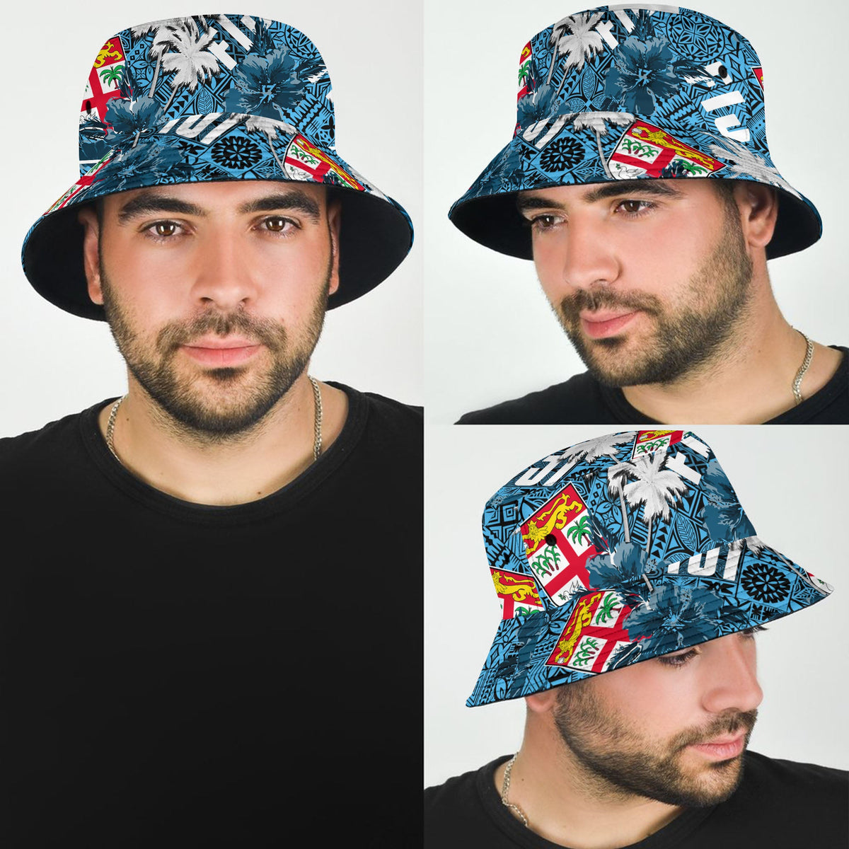 Blue tropical bucket hat, side view with hibiscus, palm leaves, and island symbols