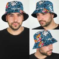 Blue tropical bucket hat, side view with hibiscus, palm leaves, and island symbols