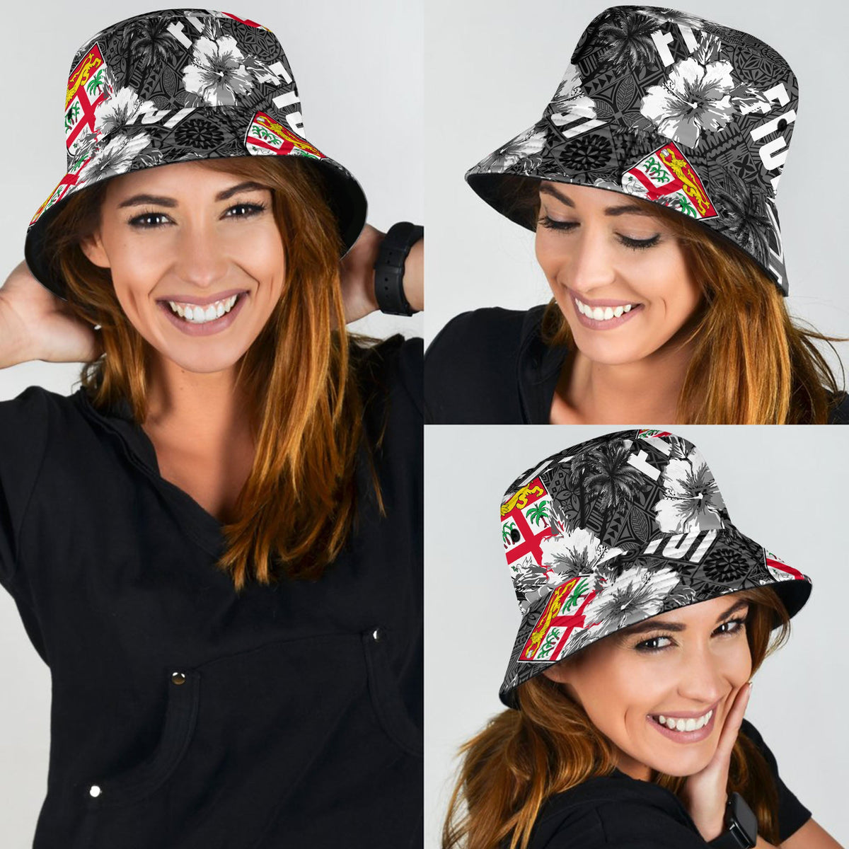 Black bucket hat, front panel hibiscus and tropical floral print, wide brim